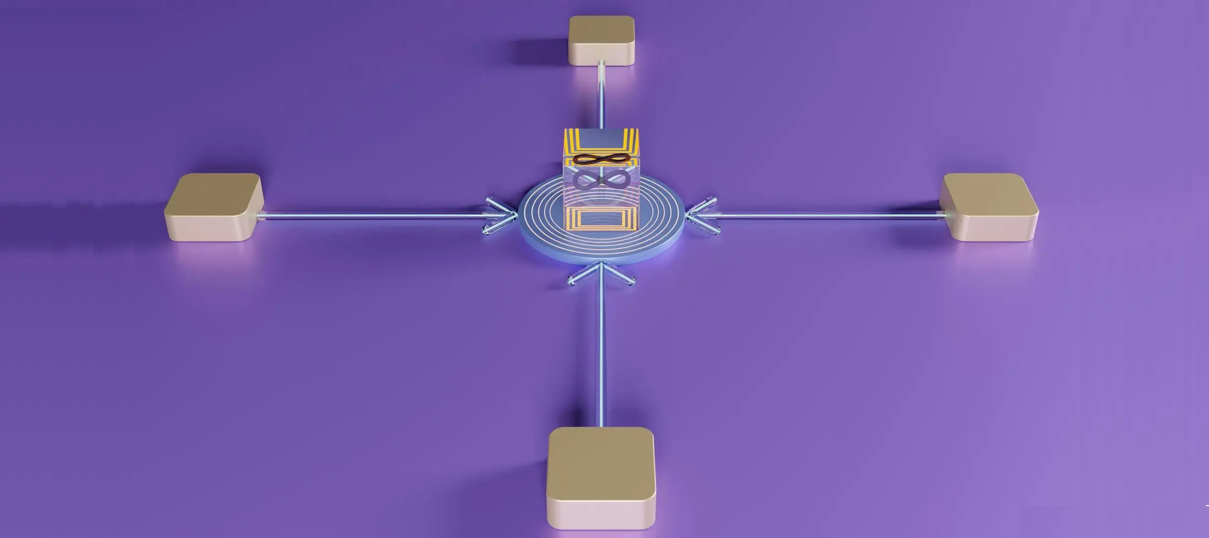 4 boxes surrounding a center box with arrows pointing toward center box