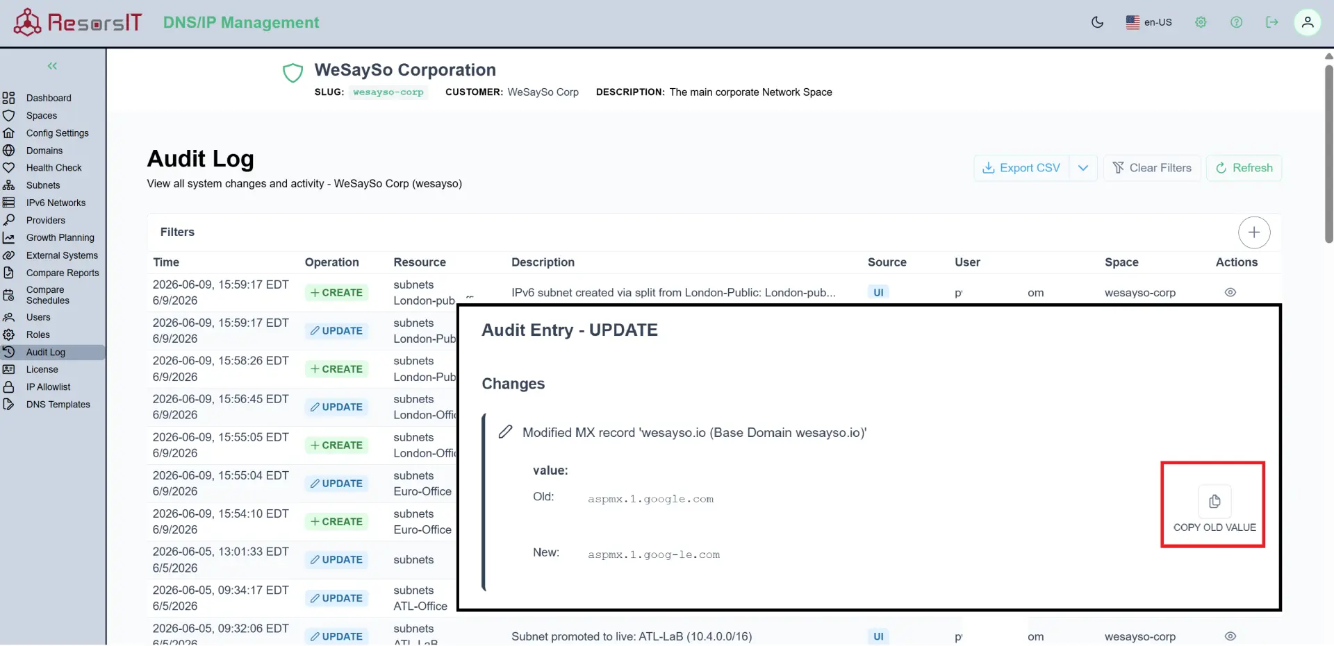 ResorsIT audit log showing a DNS record change with old and new values and a Copy Old Value button