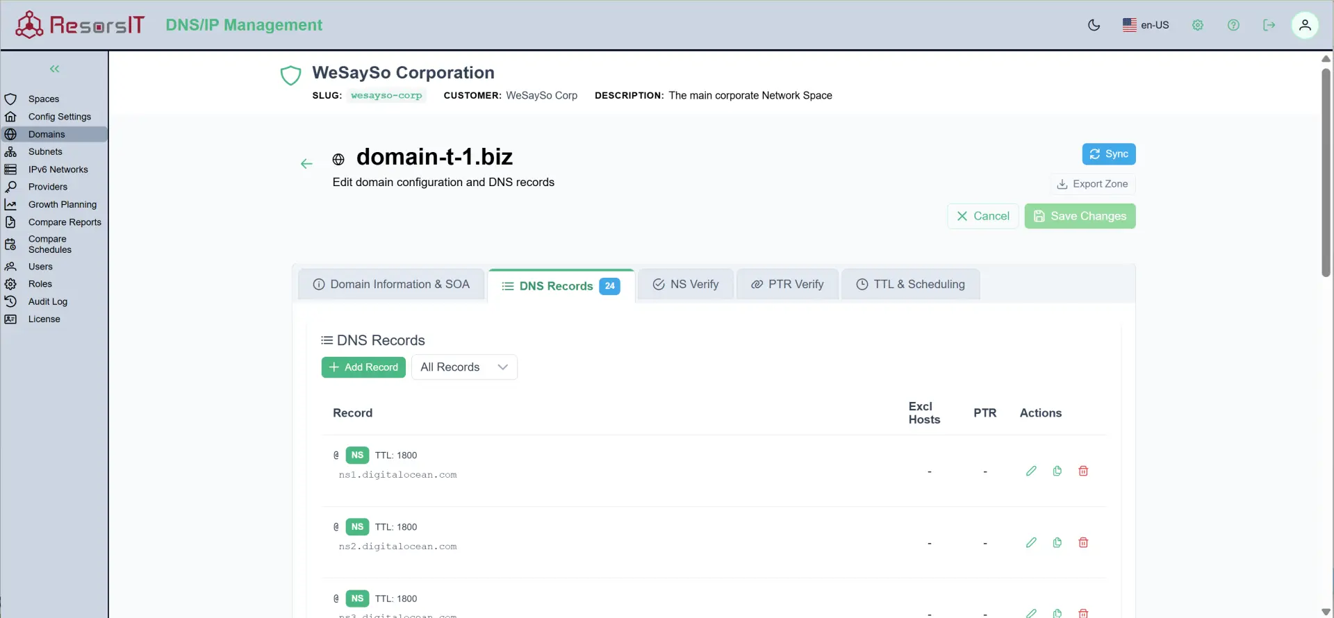 Domain records Screen