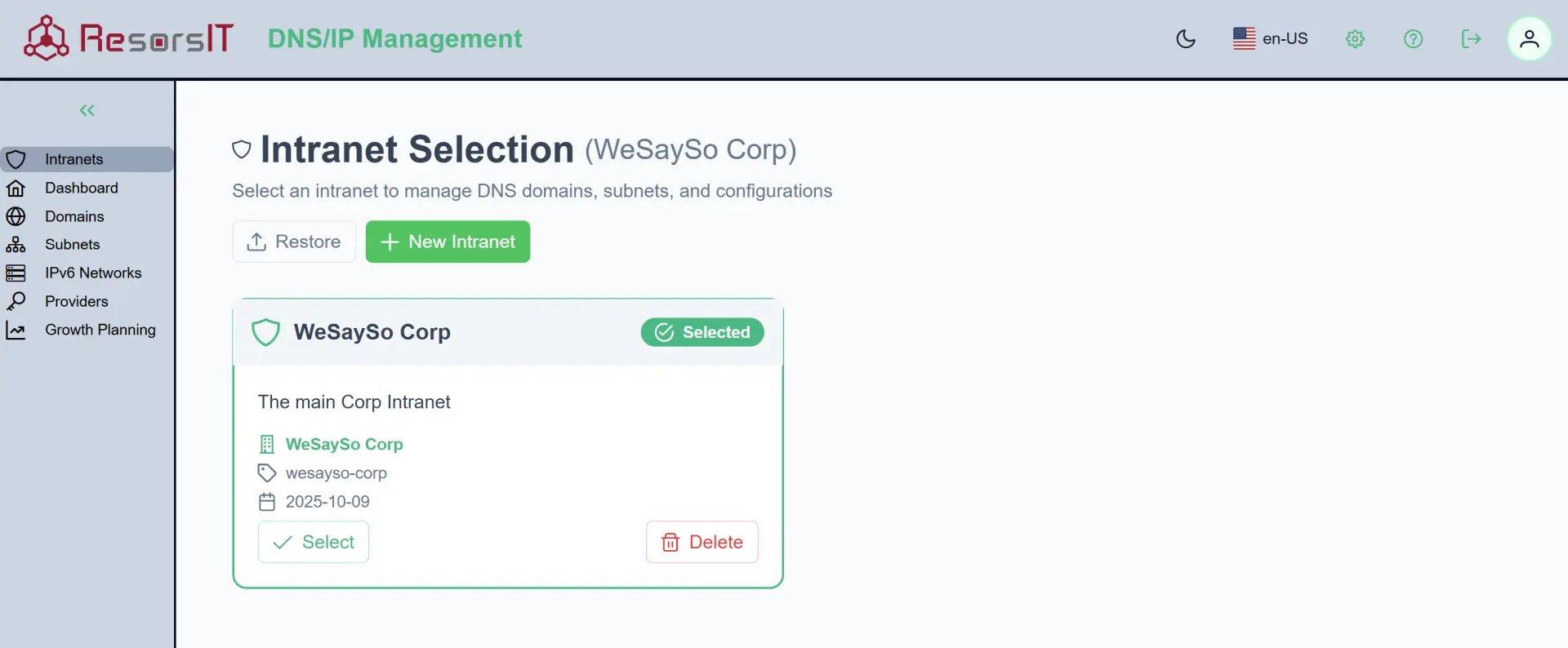 Intranet Selection Screen