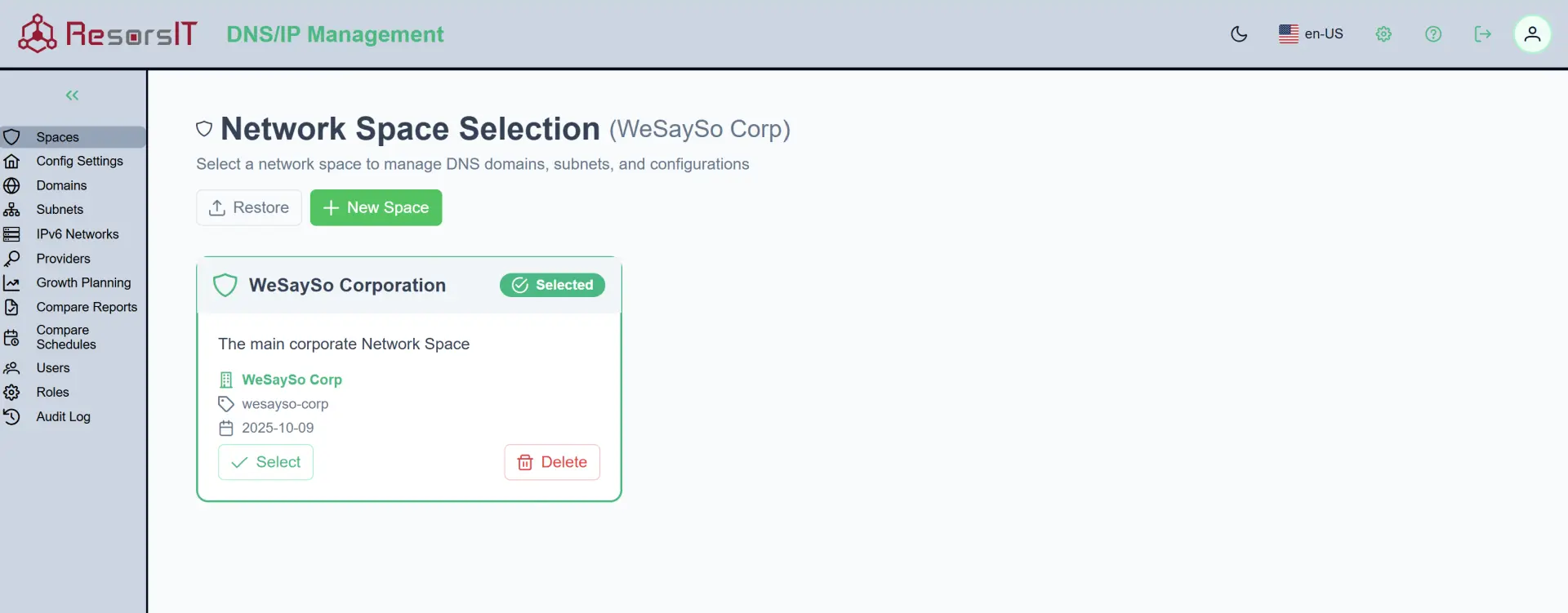Network Space Selection Screen