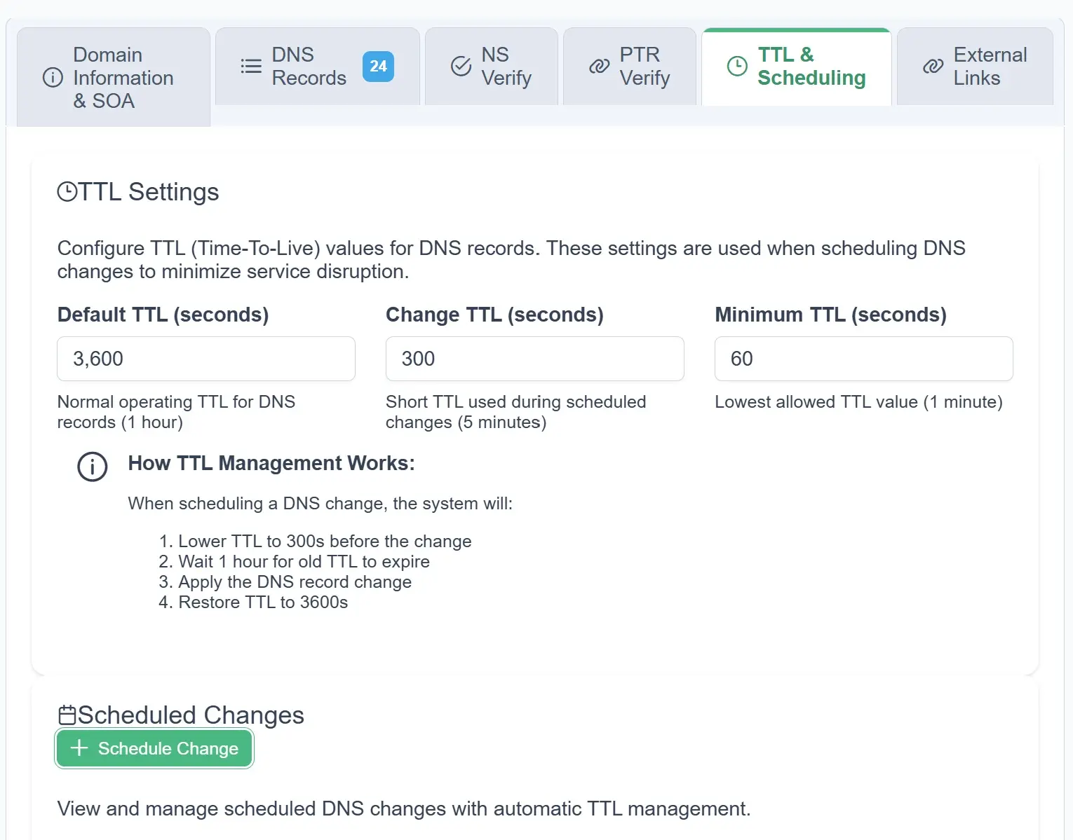 ResorsIT scheduled DNS change with automatic TTL lowering before the new value is applied