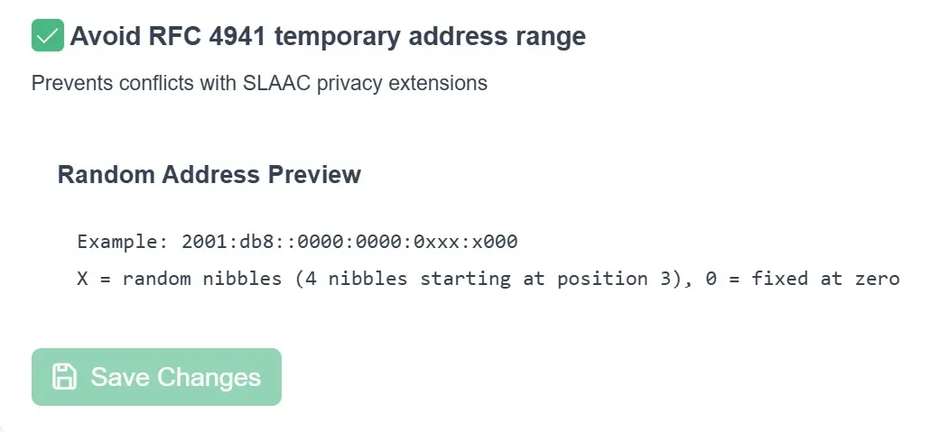 ResorsIT IPv6 host assignment configuration with randomized address preview