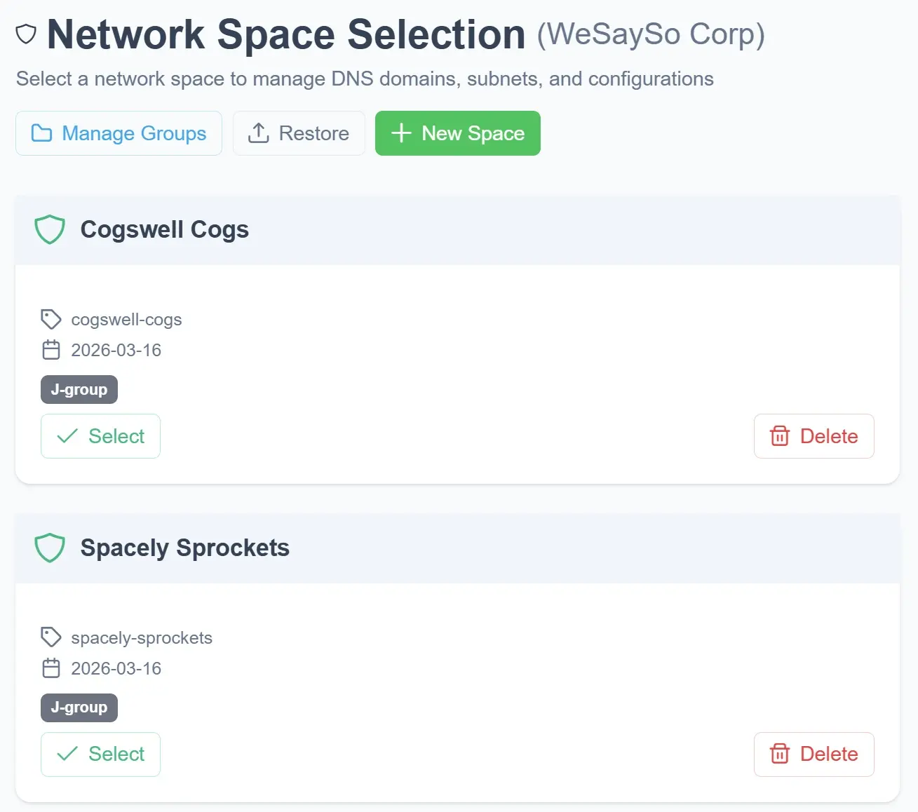 ResorsIT Network Space selection showing two isolated client spaces, Cogswell Cogs and Spacely Sprockets, each with its own card